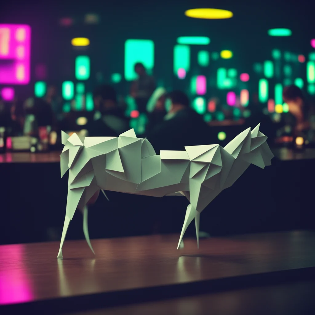 cyberpunk futuristic crowded scifi bar small tiny folded paper white unicorn origami on a table gloomy haze melancholicd