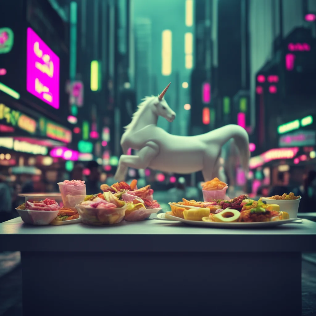 cyberpunk futuristic crowded scifi street asian food truck small tiny folded paper white unicorn on a table gloomy haze 