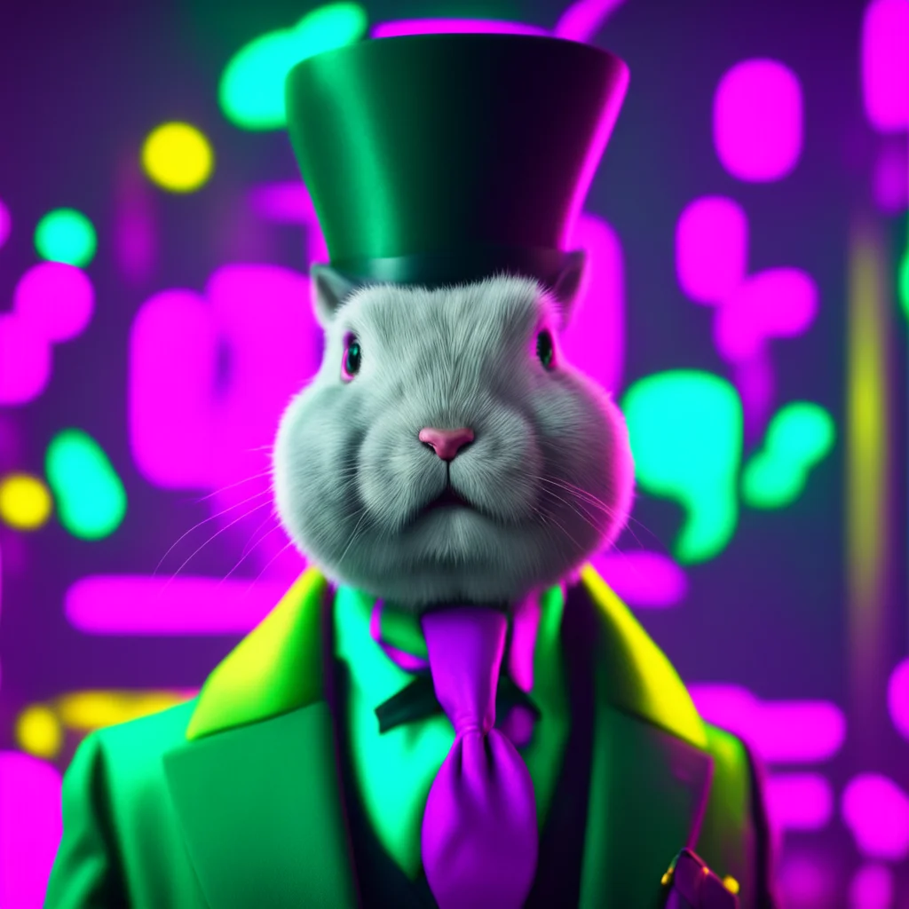cyberpunk rabbit gentleman top hat monocle mustache CGI teal and yellow and magenta purple aqua green cinematic lighting