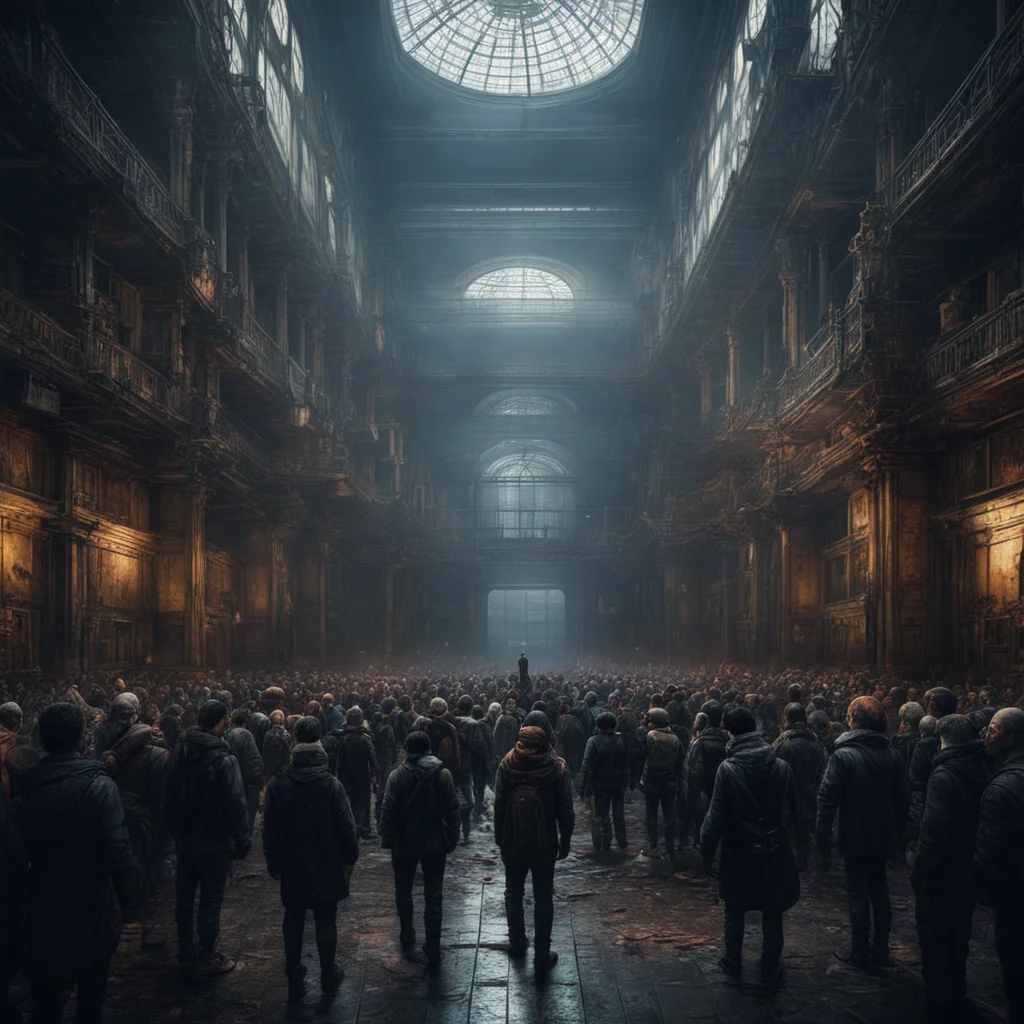 cyberpunk rembrandt crowd abandoned architecture spaces cold lighting realistic wide camera angle—ar 169
