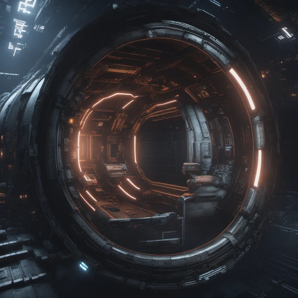 cyberpunk tube shaped space cargo ship in deep dark space photorealistic futuristic Sci fi ultra detail unreal render ar 169