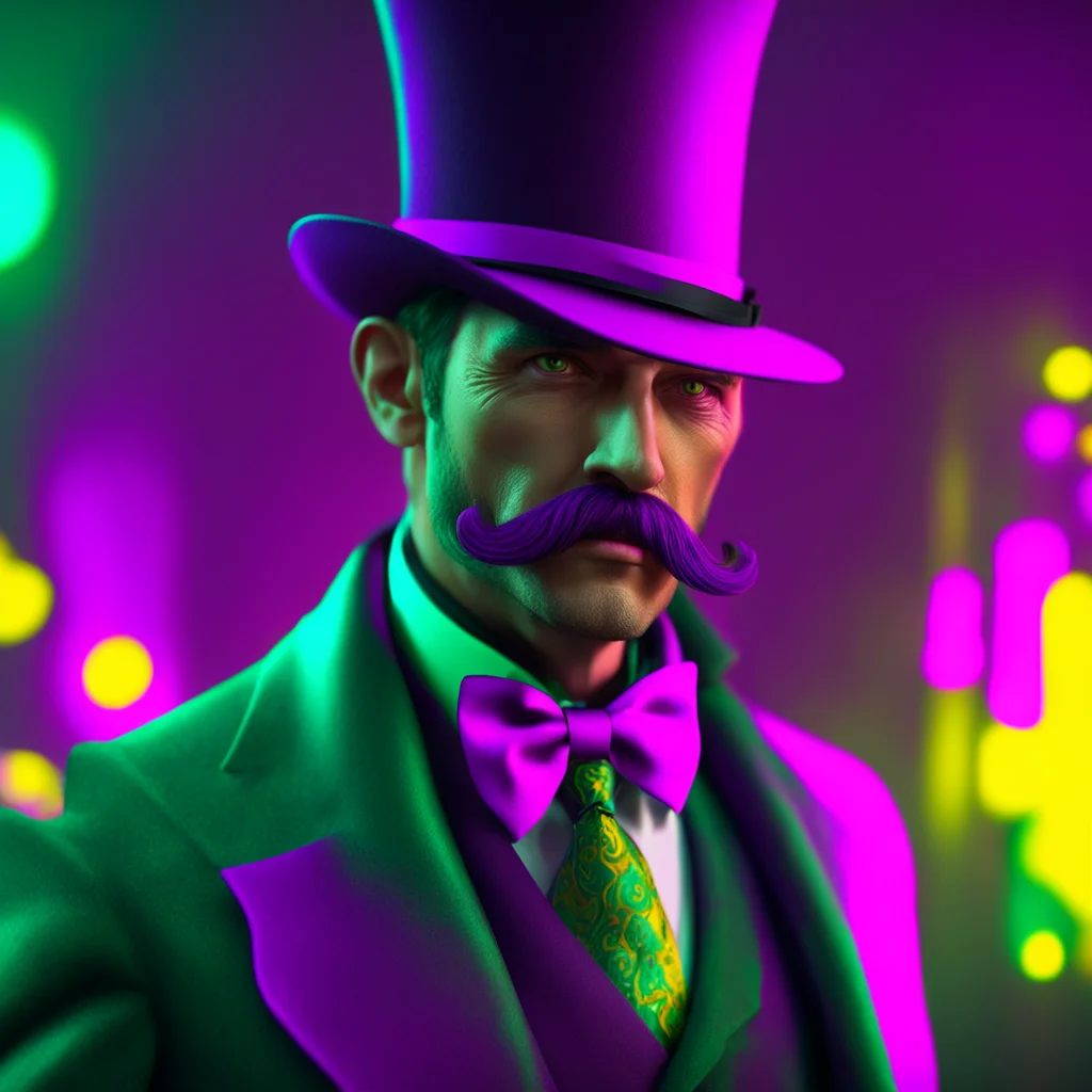 cyberpunk victorian gentleman top hat monocle mustache CGI teal and yellow and magenta purple dark cinematic lighting oc
