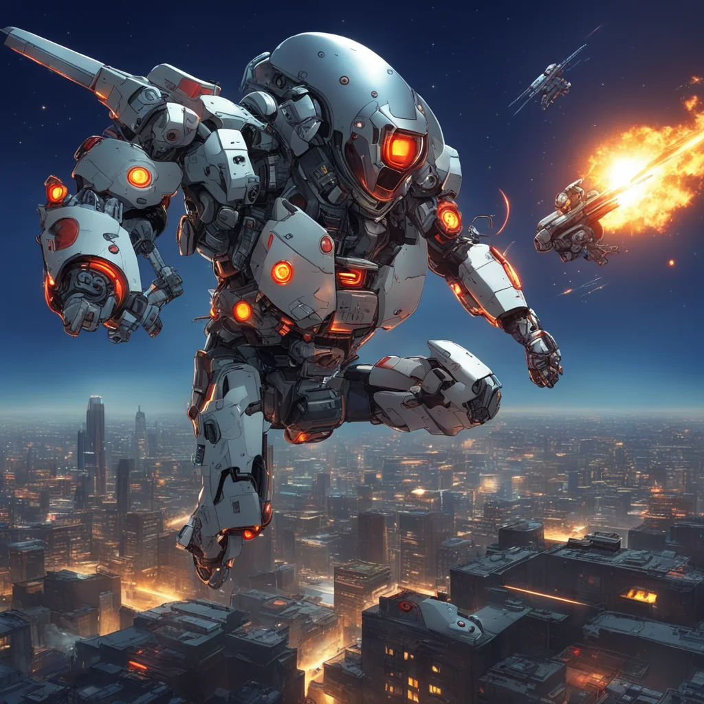 cyborg fly kicking in the air shooting guns with both hands on rooftops in the night with spaceships following him