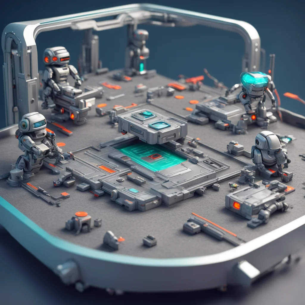 dangerous full futuristic obstacle course with tiny robots sittingon a platform highly realistic tiny details