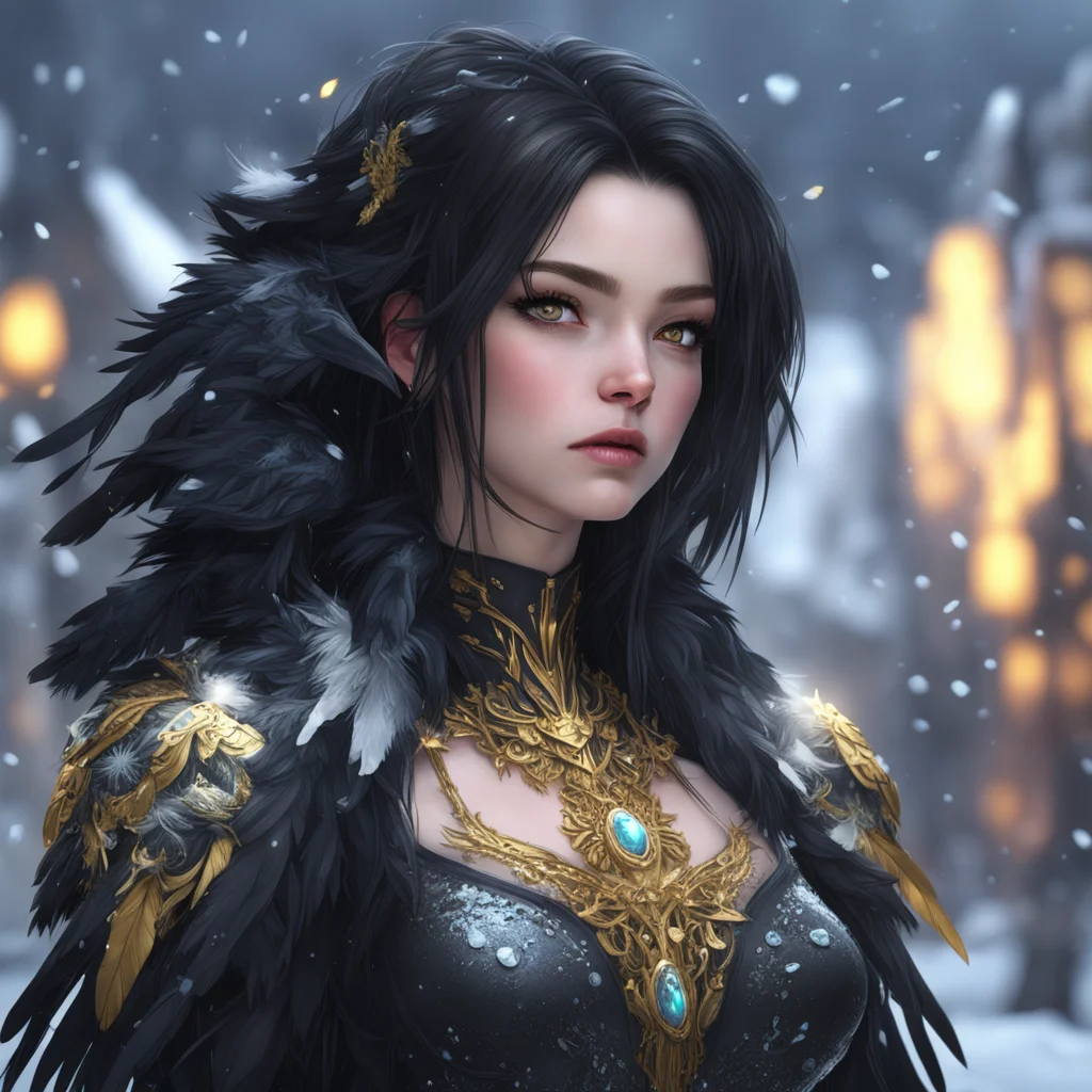 dark cyber marketfantasy dark haired girl feathers black crow gold jewlery ice crystals snowhighly detailed cinematic vo