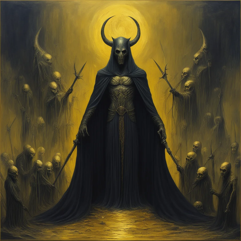 dark devil statue in gold surrounded by spears and cloaked cult members dark evil macabre Beksinski painting evil figure