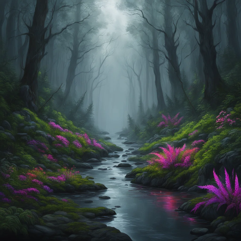 dark rainy misty forest glowing river running through close up shot colorful plants detailed fantasy art ominous