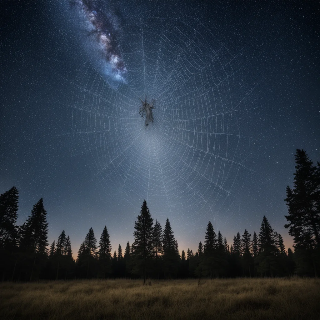 dark spiderwebs in a starry night forest sky web of stars sky at night with spiderwebs stars in the sky Milky Way long exposure stars spider webs 4K p