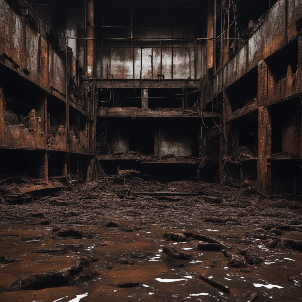 dark warehouse 🧚‍♂️🦷⚠️ rusted metal plastic water sludge 🫧