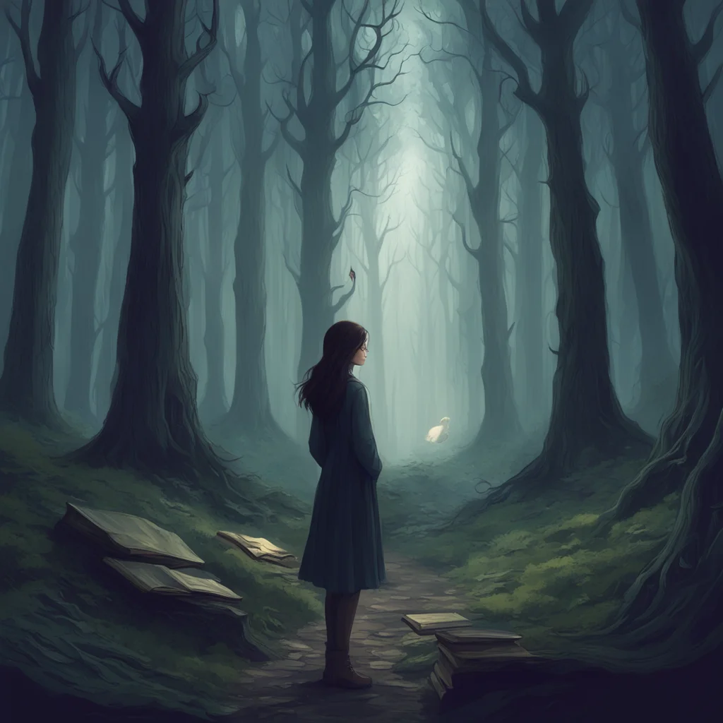 dark woods girl books covering landscape ethereal sense of awe and scale in the art style of harry potter books concept 