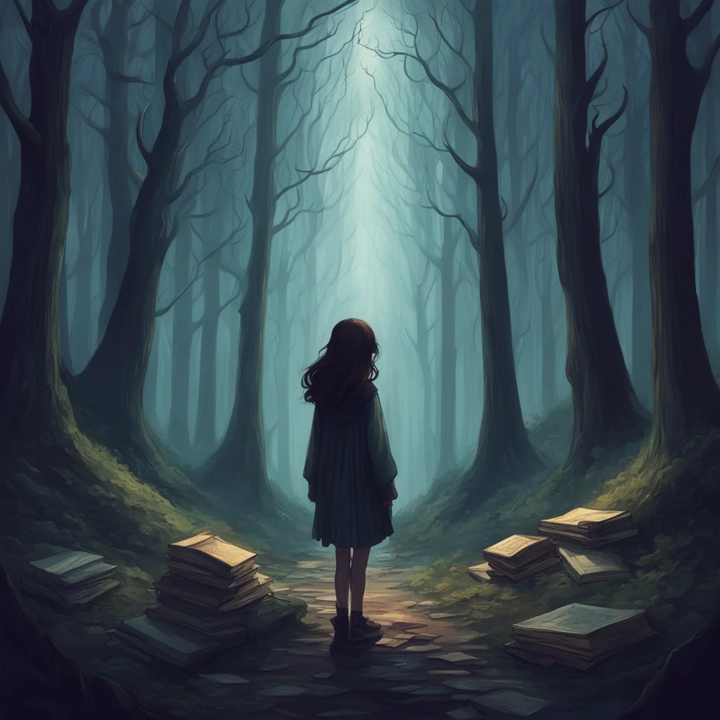 dark woods girl books covering landscape ethereal sense of awe and scale in the art style of harry potter books concept art graphic