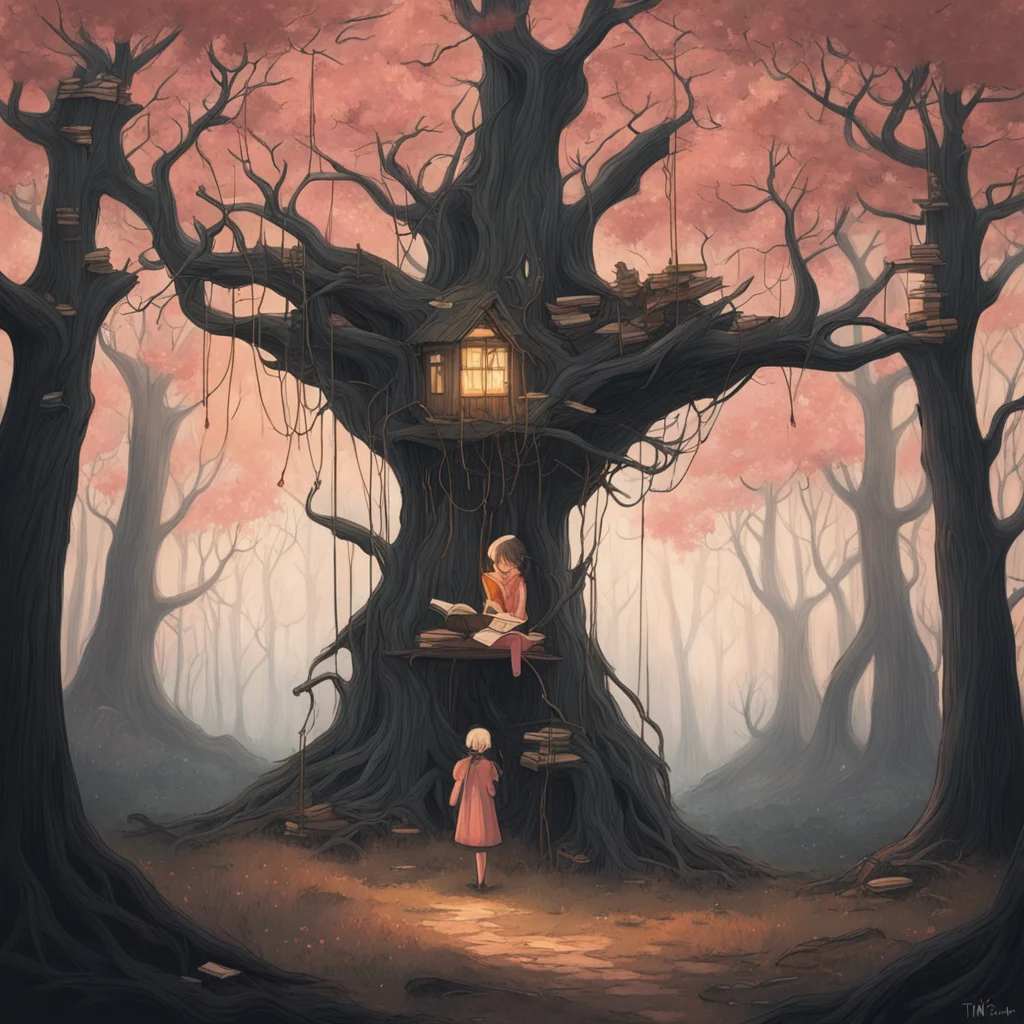 dark woods landscape girl reading hanging books from strings treehouse in distance ethereal sense of awe and scale peach