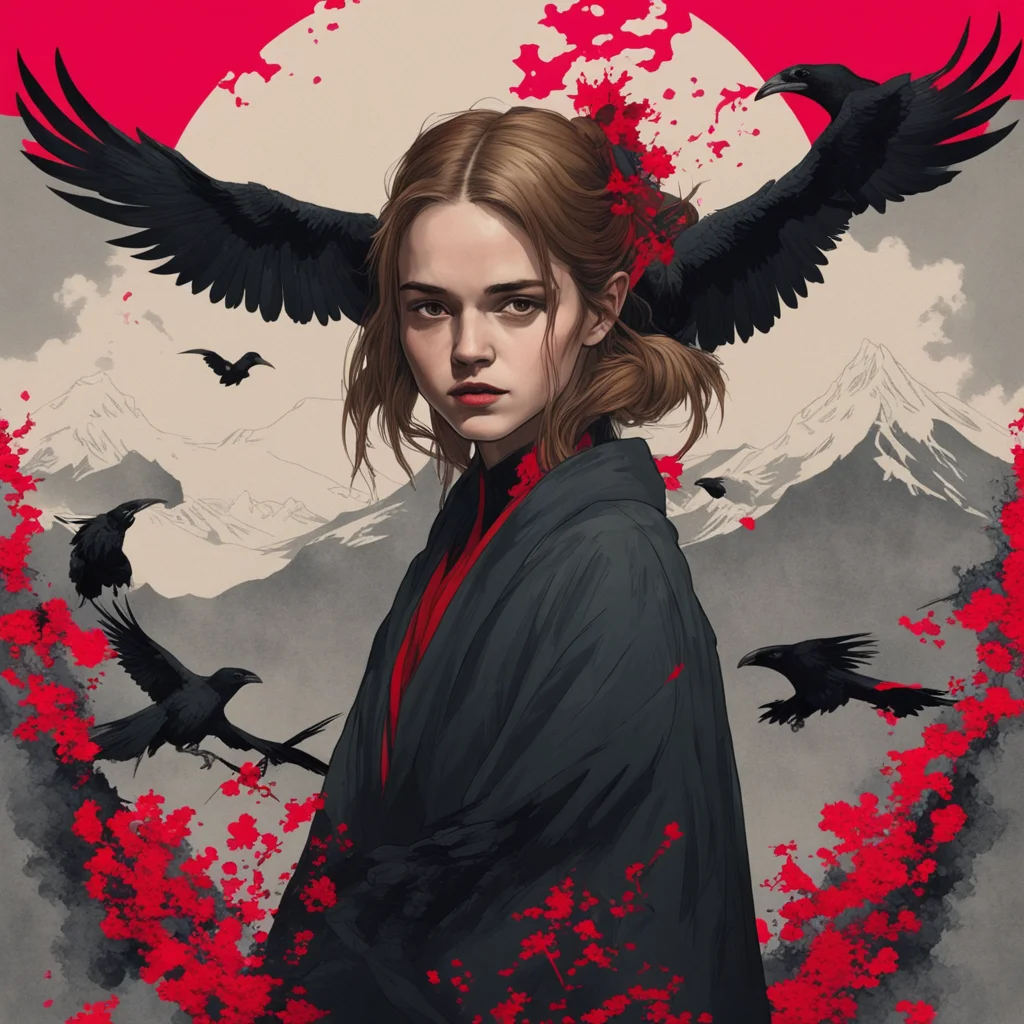 dark young Witch portrait Emma Watson mountain crows symmetry geometric black grey brown red ink Mignola Craig Mullins F