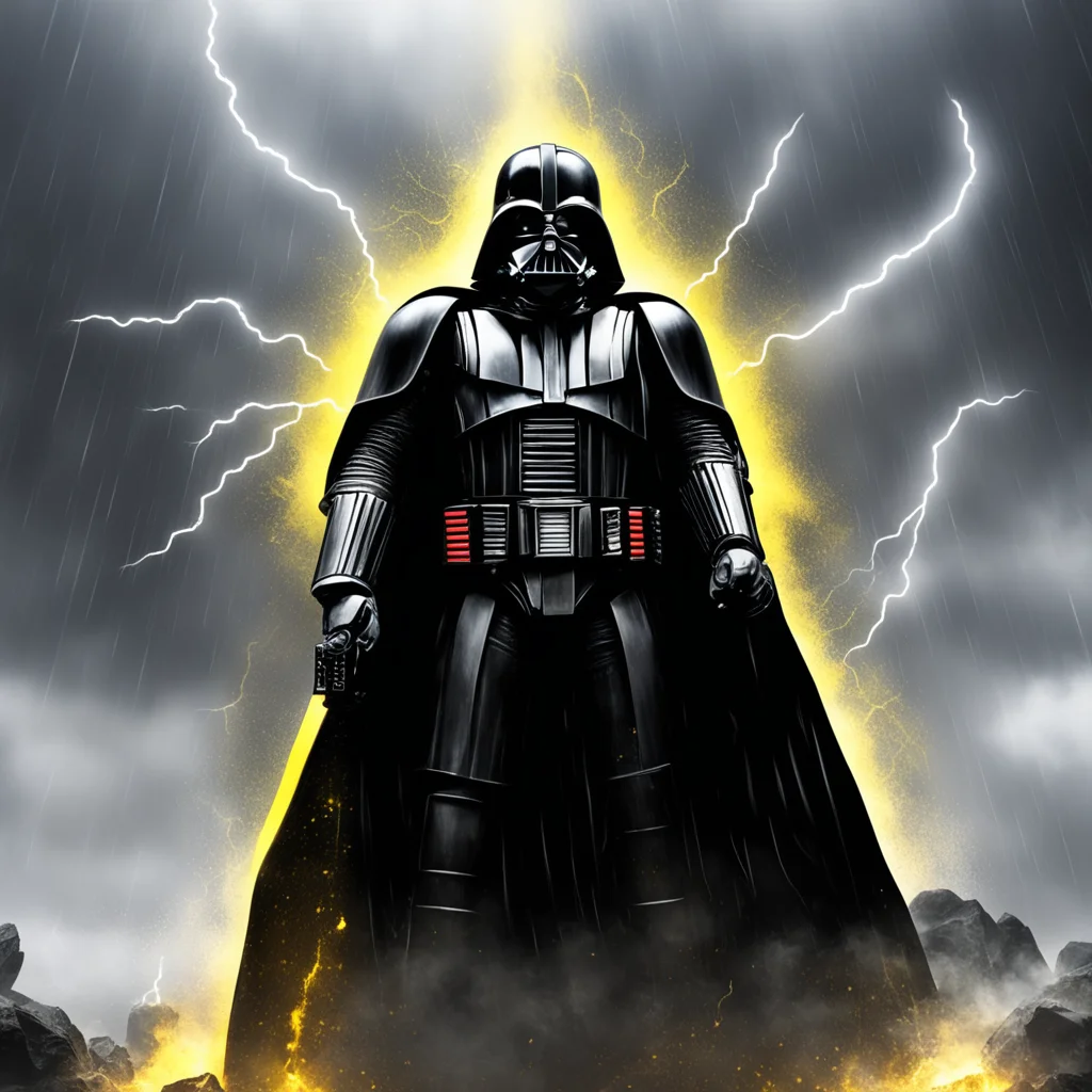 darth vader as a space marine light environment holy halo rainy weather black yellow white laser shots lightning strikes