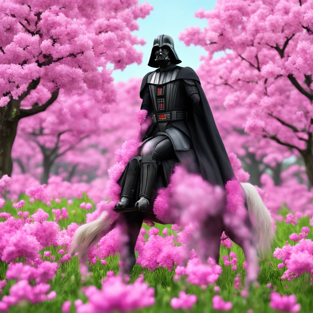 darth vader in pink armor riding a unicorn in a field of flowers with sakura trees in the back ground highly detailed ul