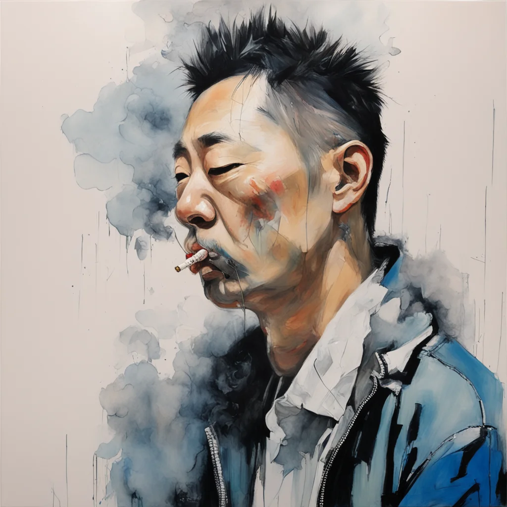 dave choe painting of chinese man smoking cigarette