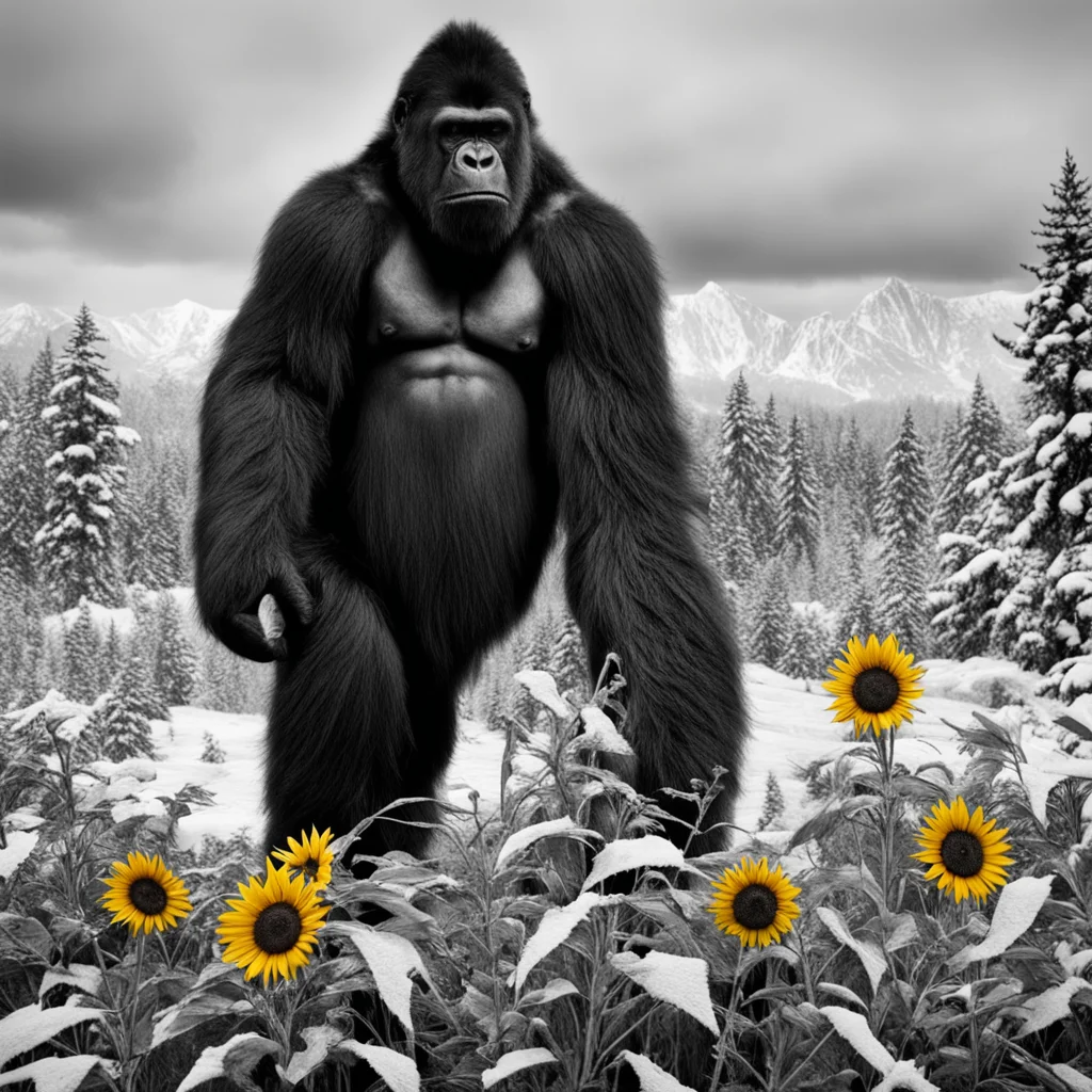 death metal sunflowers with gorillas in the winter in the style of Ansel Adams