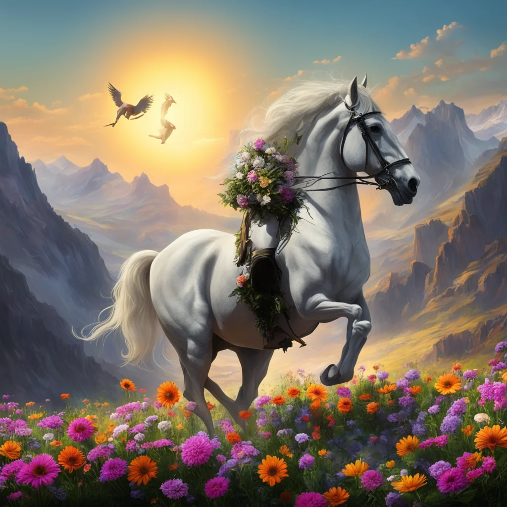 death rides a pale horse sun shines deep in the background among mountains Dead lie with flowers Pope