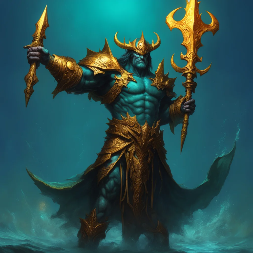 deepsea darklord pointing with his golden trident rendered like craig mullins