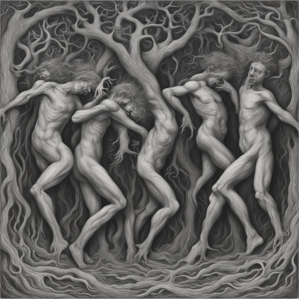 deformed human bodies dancing in the roots in the style of Gustav Doré