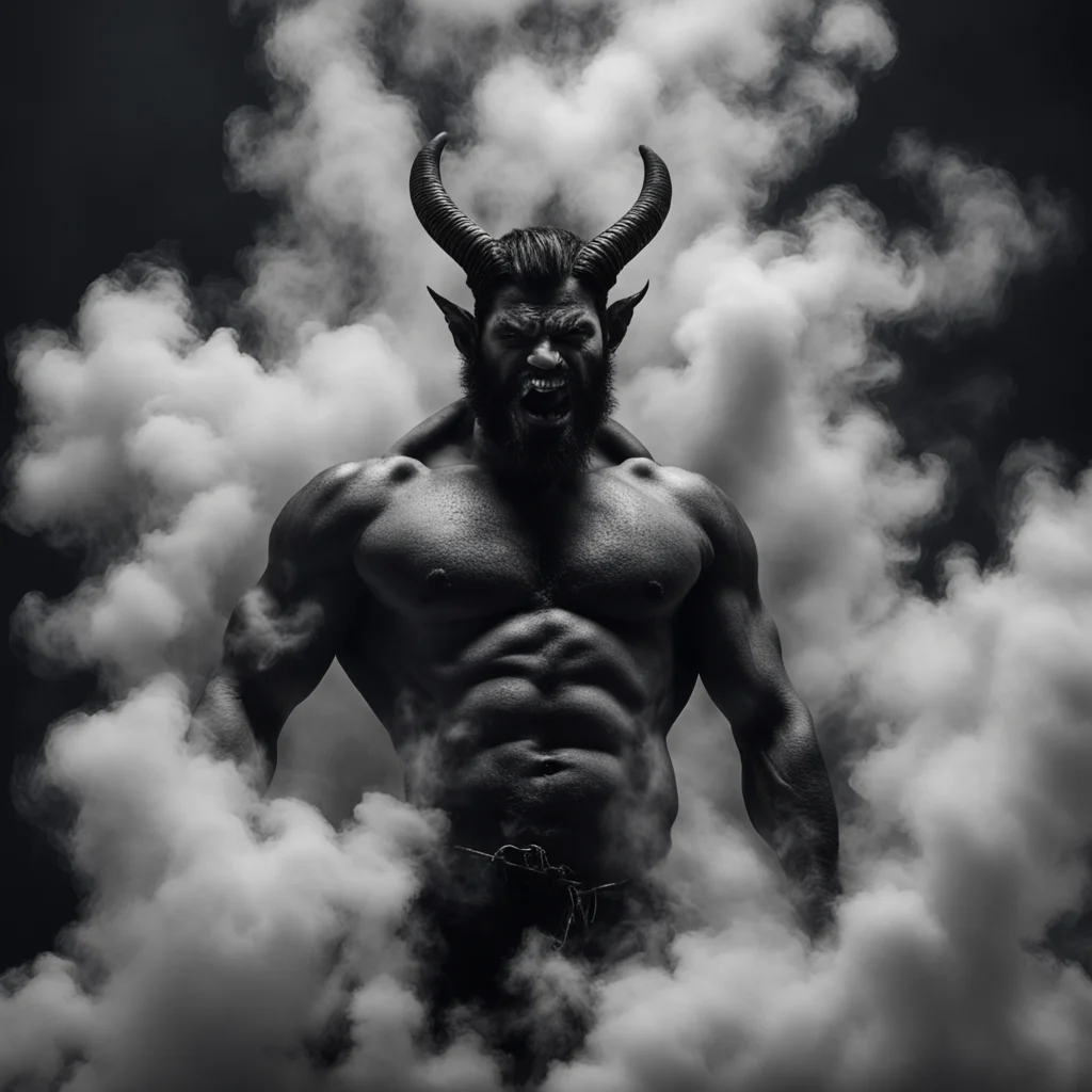 demon man with huge horns rising from smoke and cloud in the style of gustav d’ore