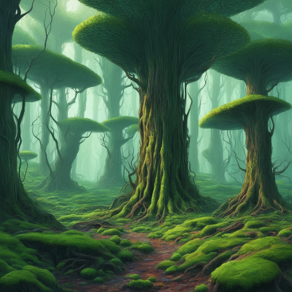 dense alien fungal forest telephoto Xen from Half Life slime trees realism Ghibli Moebius wallpaper