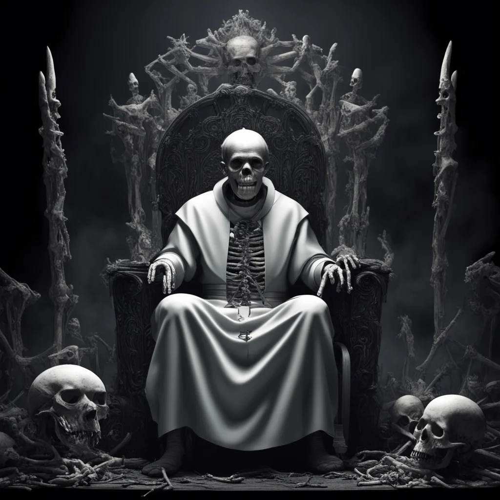 depressed scary pope with skeleton mask sits on a throne of bones black dark creepy unreal engine weta digital FX Manuka