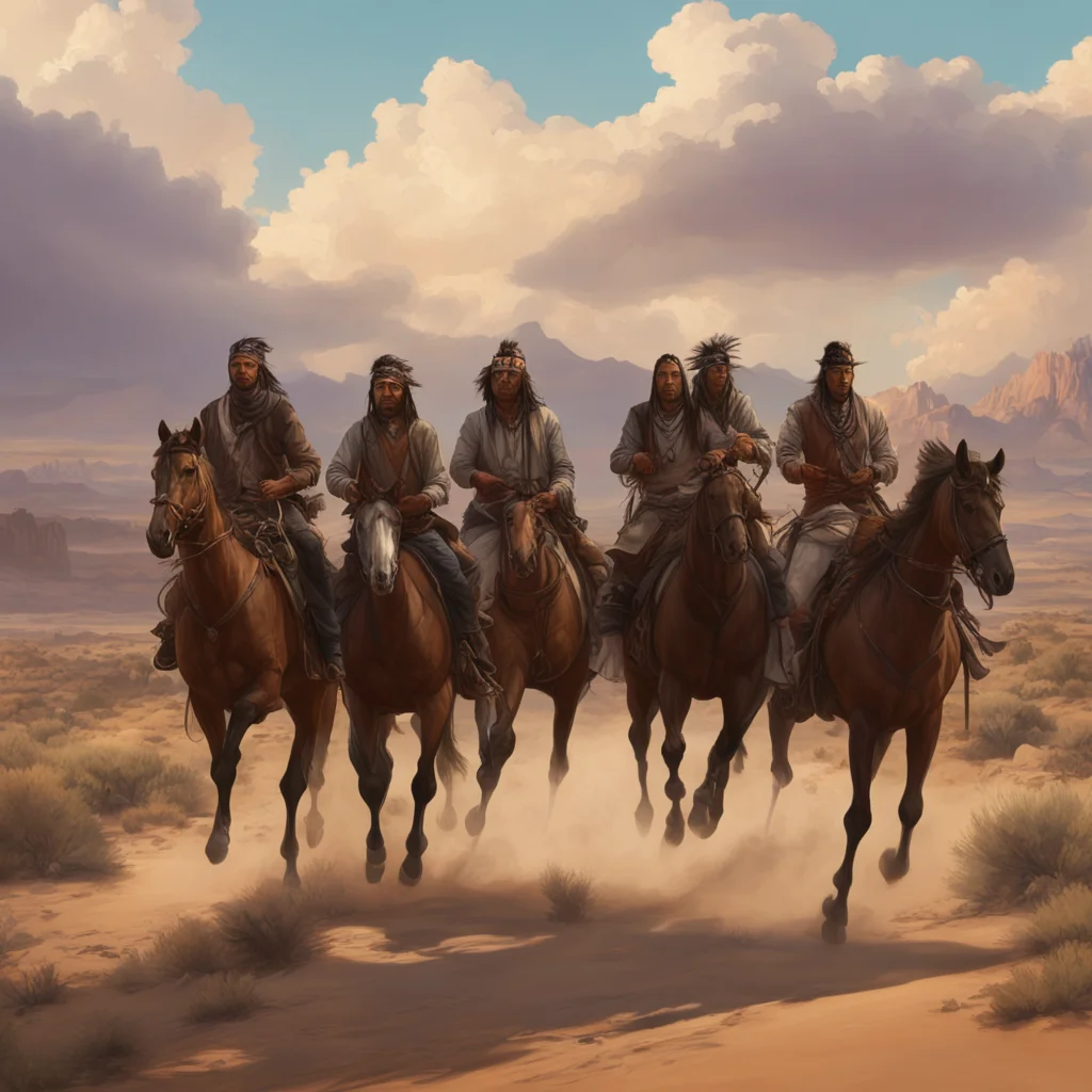 desert landscape four native american men riding horses dusk cloudsrealistic detailed of an Old West Ghost Town Sierra M