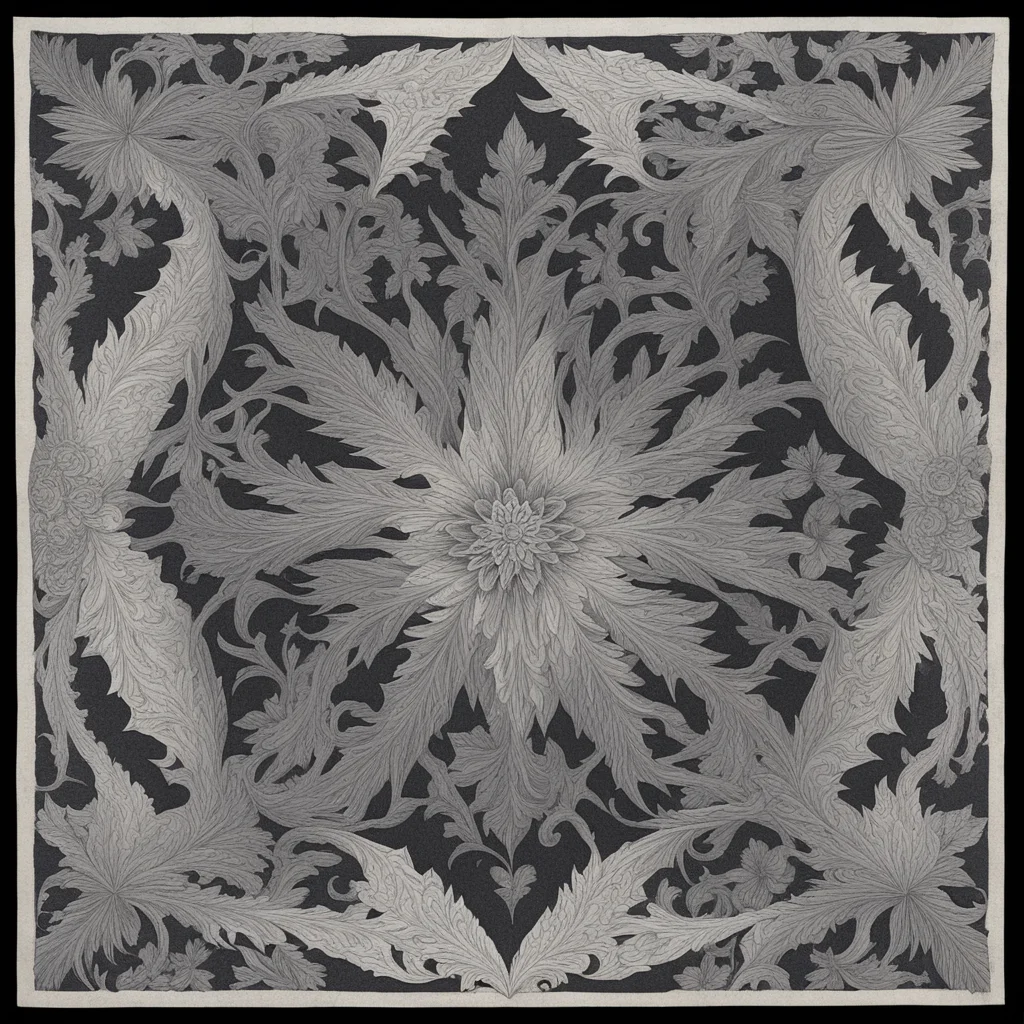 design decorative flat black paper  each corner of paper has tear shaped silvery leaf  similar leaf forms Escher style p