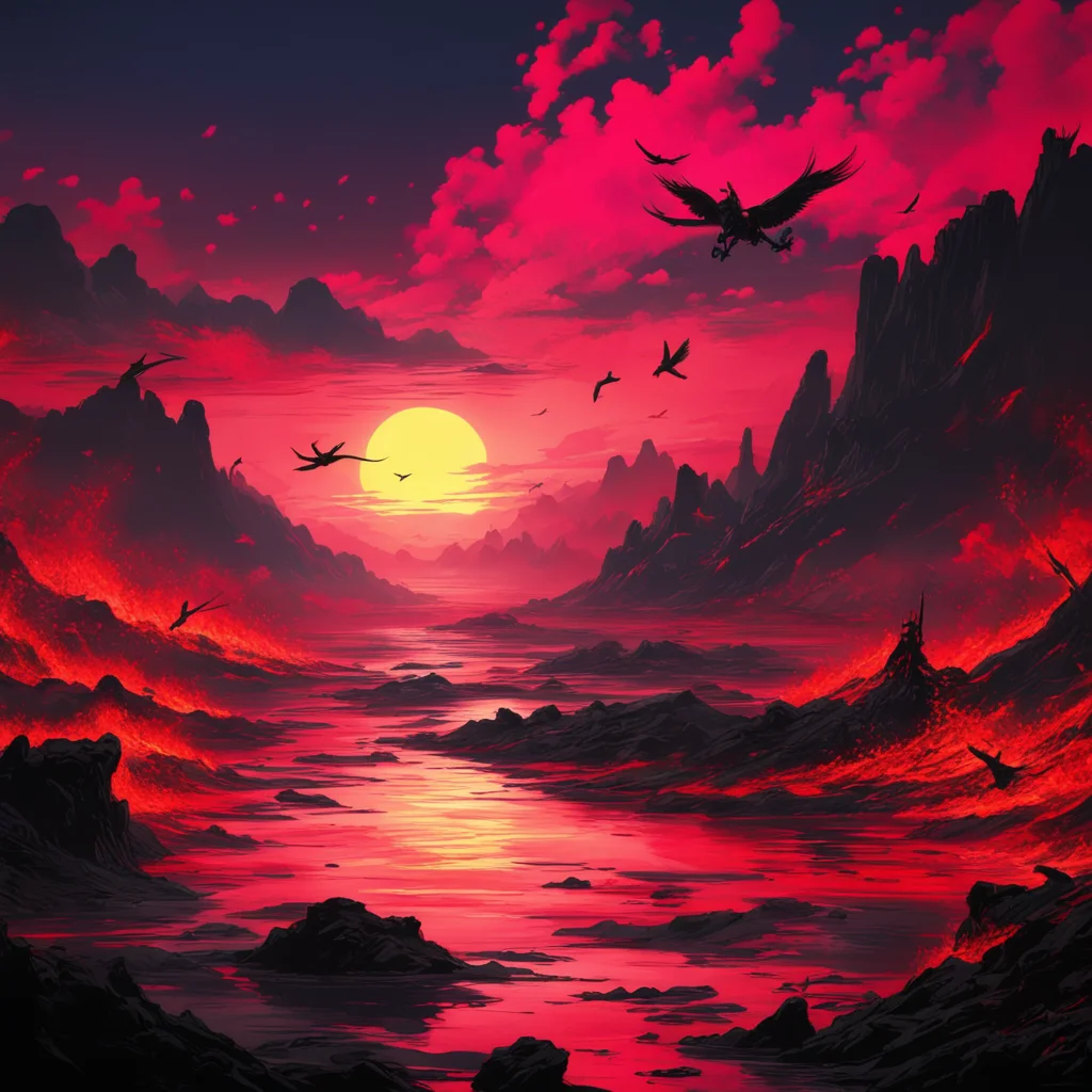 desolate night landscape samurai warriors sunset sky bright burst of light deep red river flowing lava flying birds in s