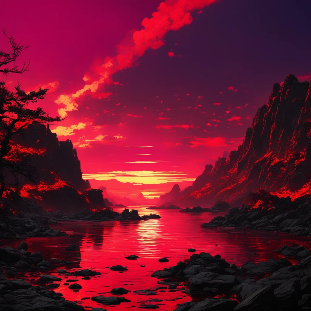 desolate night landscape samurai warriors sunset sky bright lights deep red river lava surreal neon mist unreal engine h