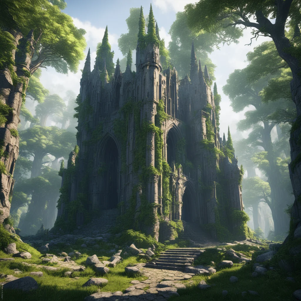 destroyed medieval gothic temple ruins abandoned inside mountainous fantasy forest particles godrays through trees gigan