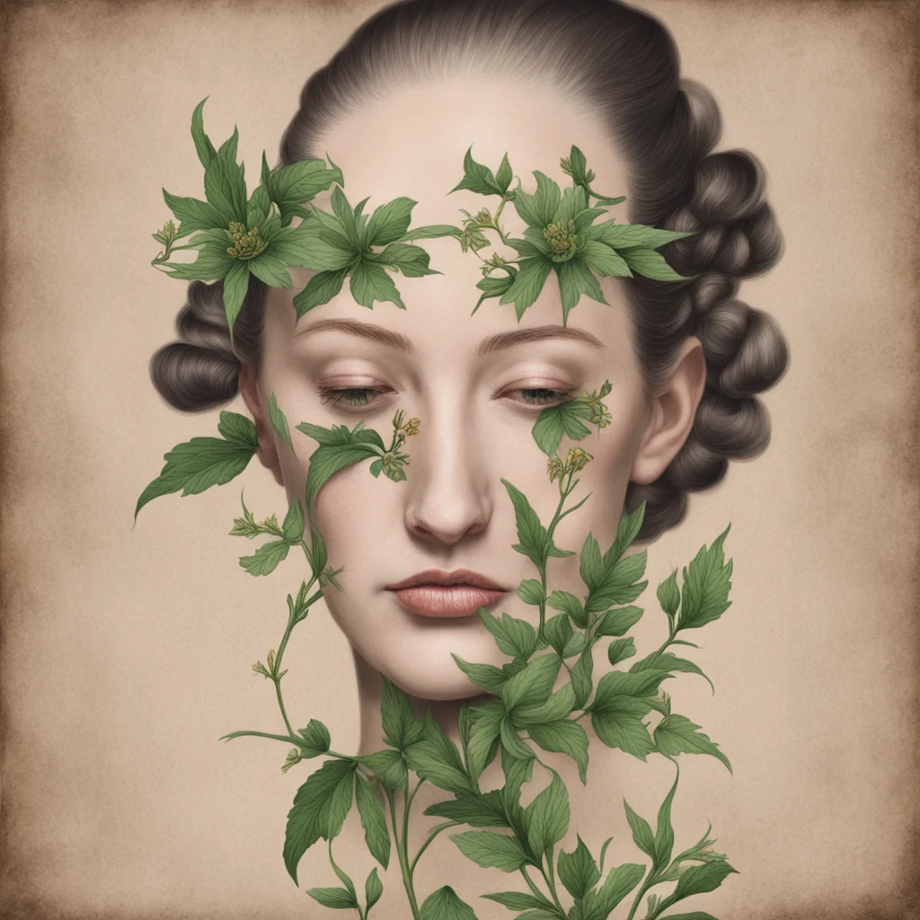 detail of plant Nigella damascena as a face tattoo in style of old herbarium paintings on hyper realisticly protraited bald woman