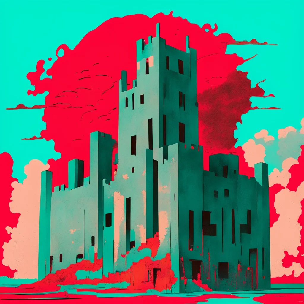 detailed figurative illustration of a brutalism style castle emotive surreal teal and orange red scale storm in the styl