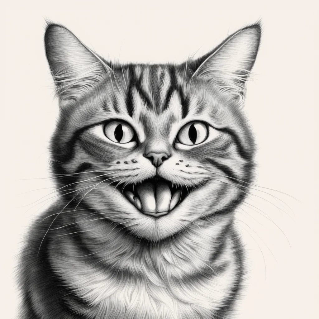 detailed pencil drawing of cat with huge grin taunting a little bird