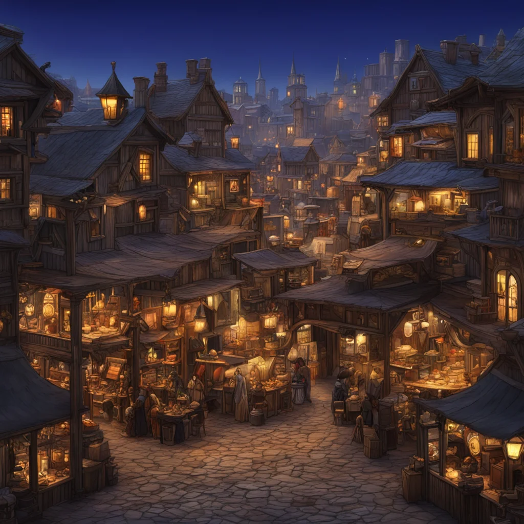 detailed view overlooking western town main street at night marketplace stalls vendors Karine Villette Concept art photo