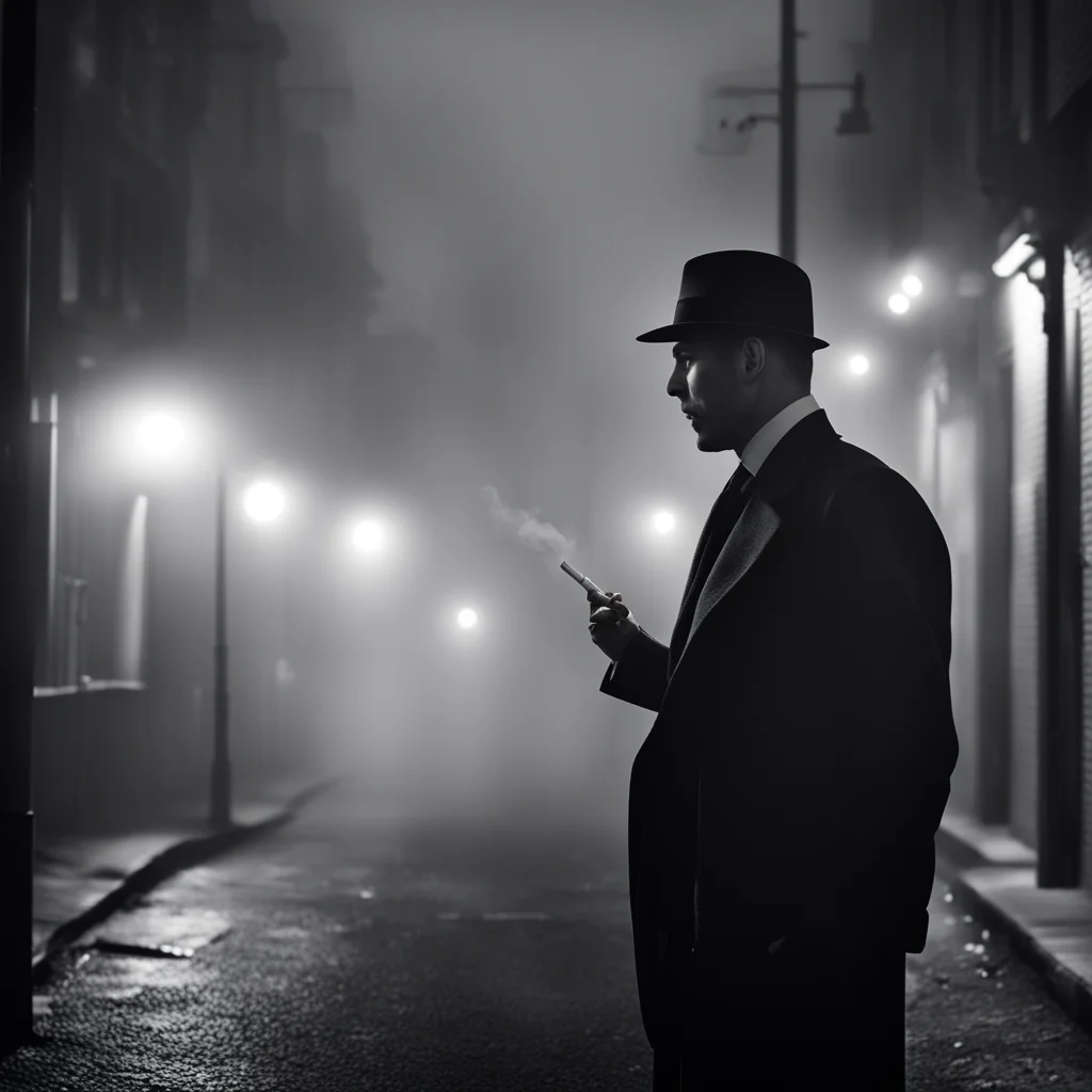 detective smoking a cigarette on a street corner  lit from above by a street lamp  foggy and moody  desaturated and nois