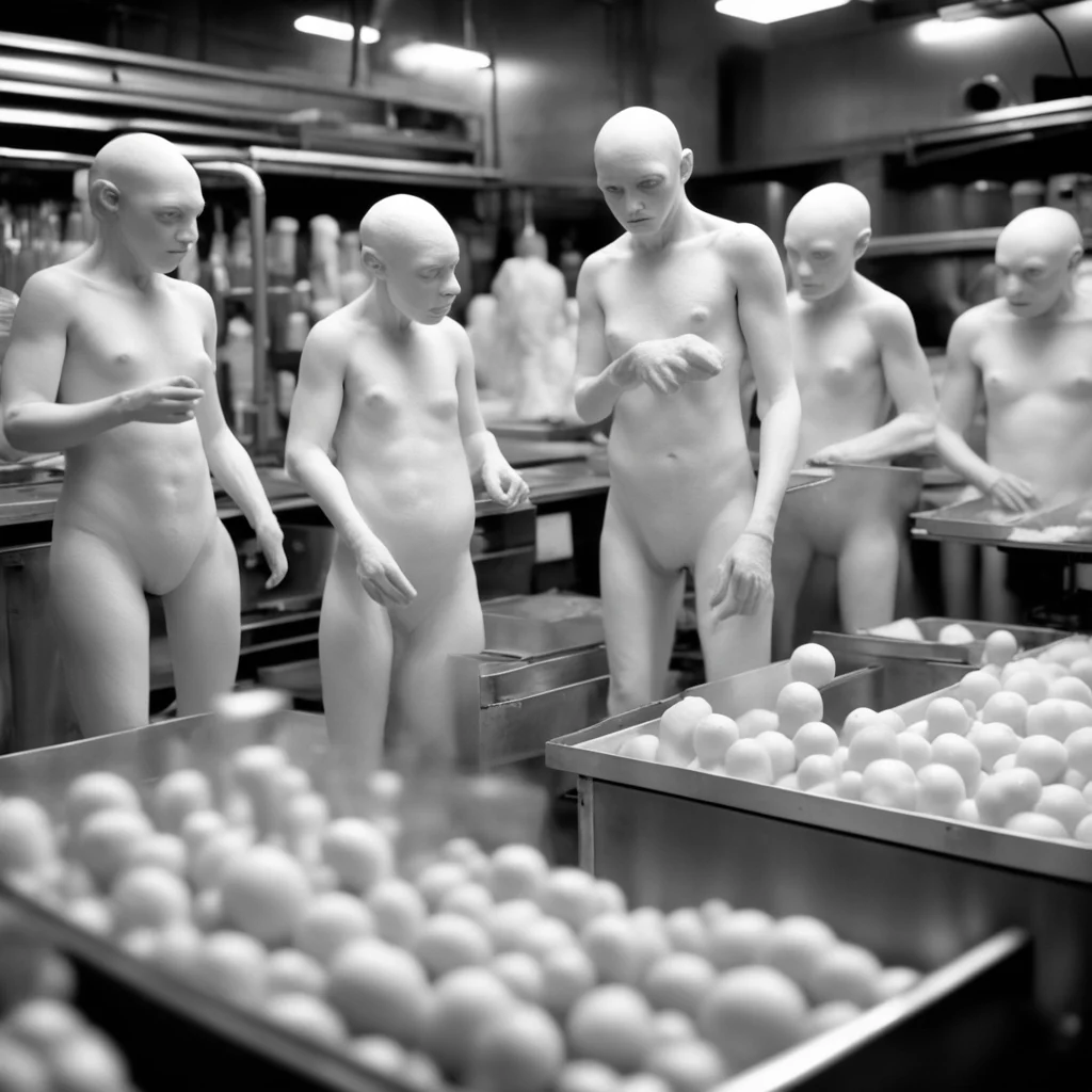 digital camera footage of pale humanoids being processed in a monochrome food processing plant 2003 film grain ar 169 up