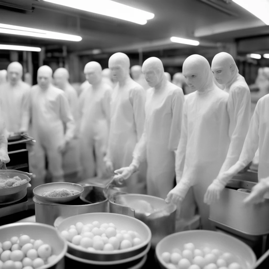 digital camera footage of pale humanoids being processed in a monochrome food processing plant 2003 film grain ar 169