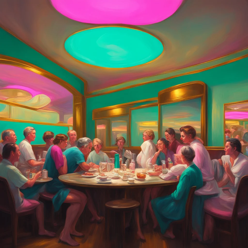 diners in restaurantoil painting beautiful chiaroscuro octane render panic crowd 8k resolution artstation a tall oyster 