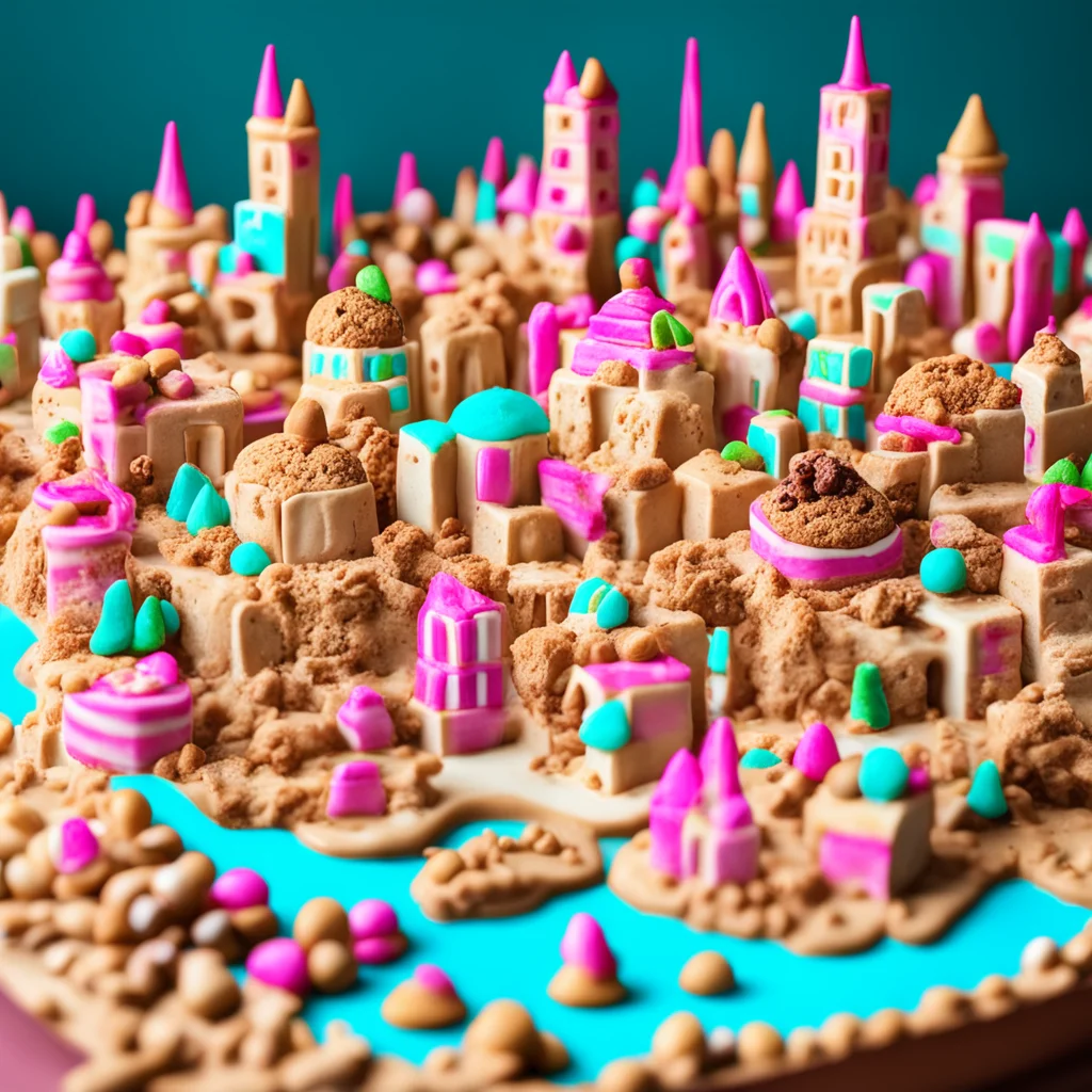 diorama of a city made of cookies and candy with rivers filled with fudge —ar 169