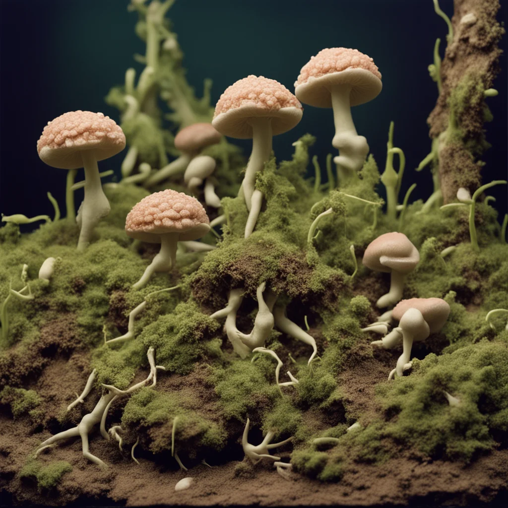 diorama of fungal babies and strange growths grotty virulent 1972 old photograph hyper realism photo real w 2000 h 1000