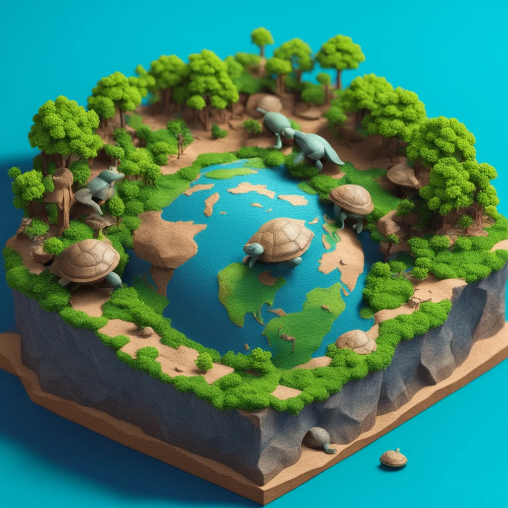 diorama of turtles supporting the earth isometric perspective