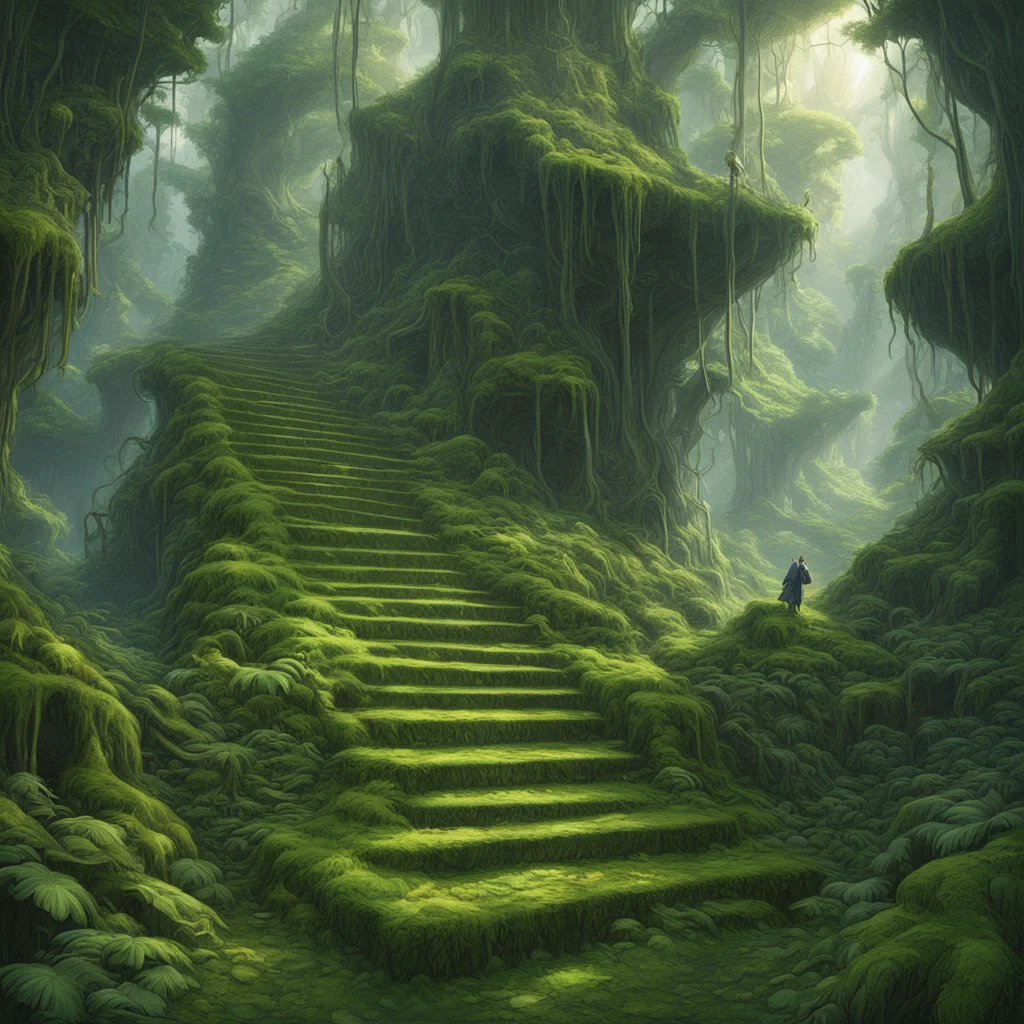 direct sunlight mossy stairs lead to heaven dense tropical jungle magical atmosphere lush nature concept art wide angle 