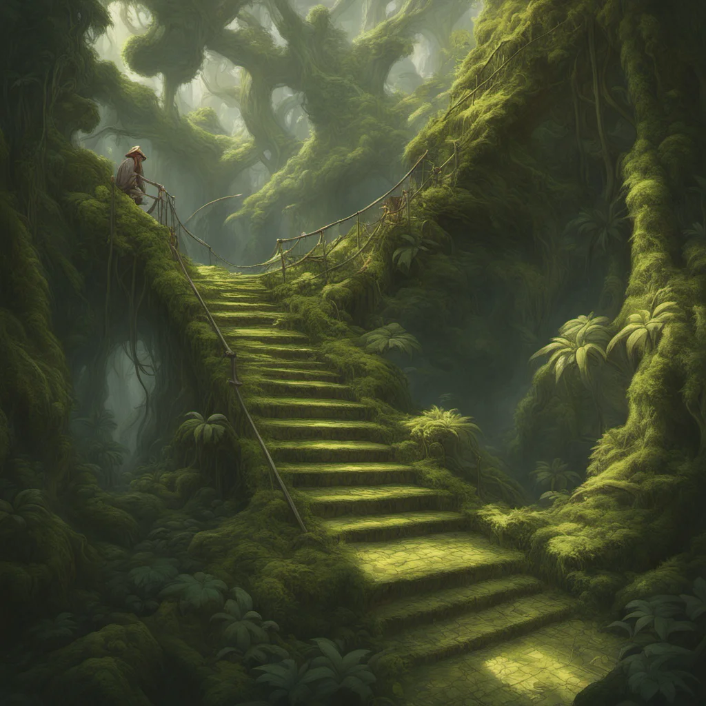 direct sunlight mossy stairs lead to heaven dense tropical jungle magical atmosphere lush nature concept art wide angle shot oriental fantasy Peter Mohr
