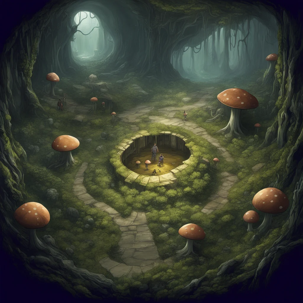 distant subterranean city underground biome childrens book illustration concept art fantasy cinematic from above aerial 