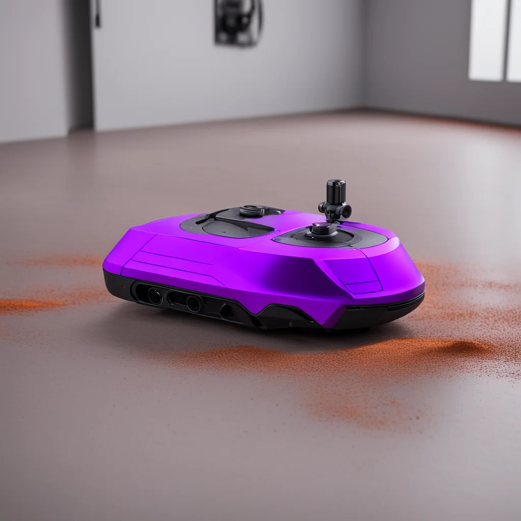 dji mavic 3 combined with dyson flying vacuum cleaner with purple and orange hues minimal chipperfield room industrial d