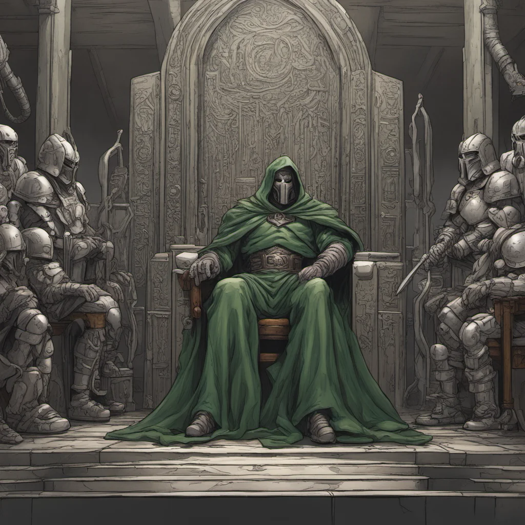 doctor doom dnd fantasy knight sitting on throne wideshot looking down throne room highly detailed