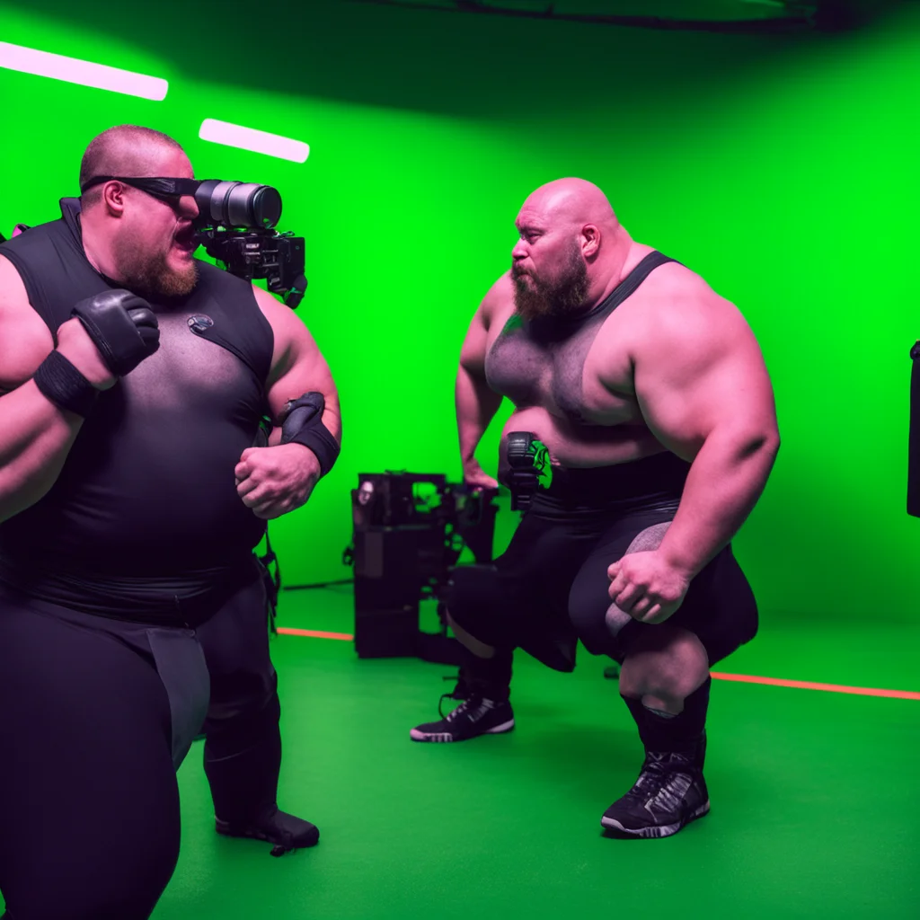 documentary photo of fat mma fighter loosing fight spits on a film set in green screen movie studio Warner brothers behi