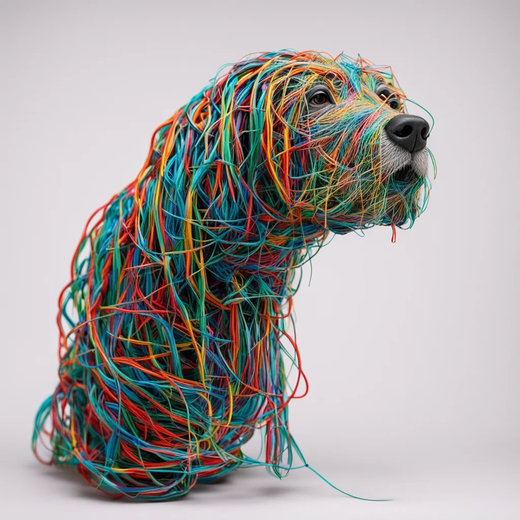 dog sculpture made of cables wires and doodads 35mm studio portrait photography ar 915